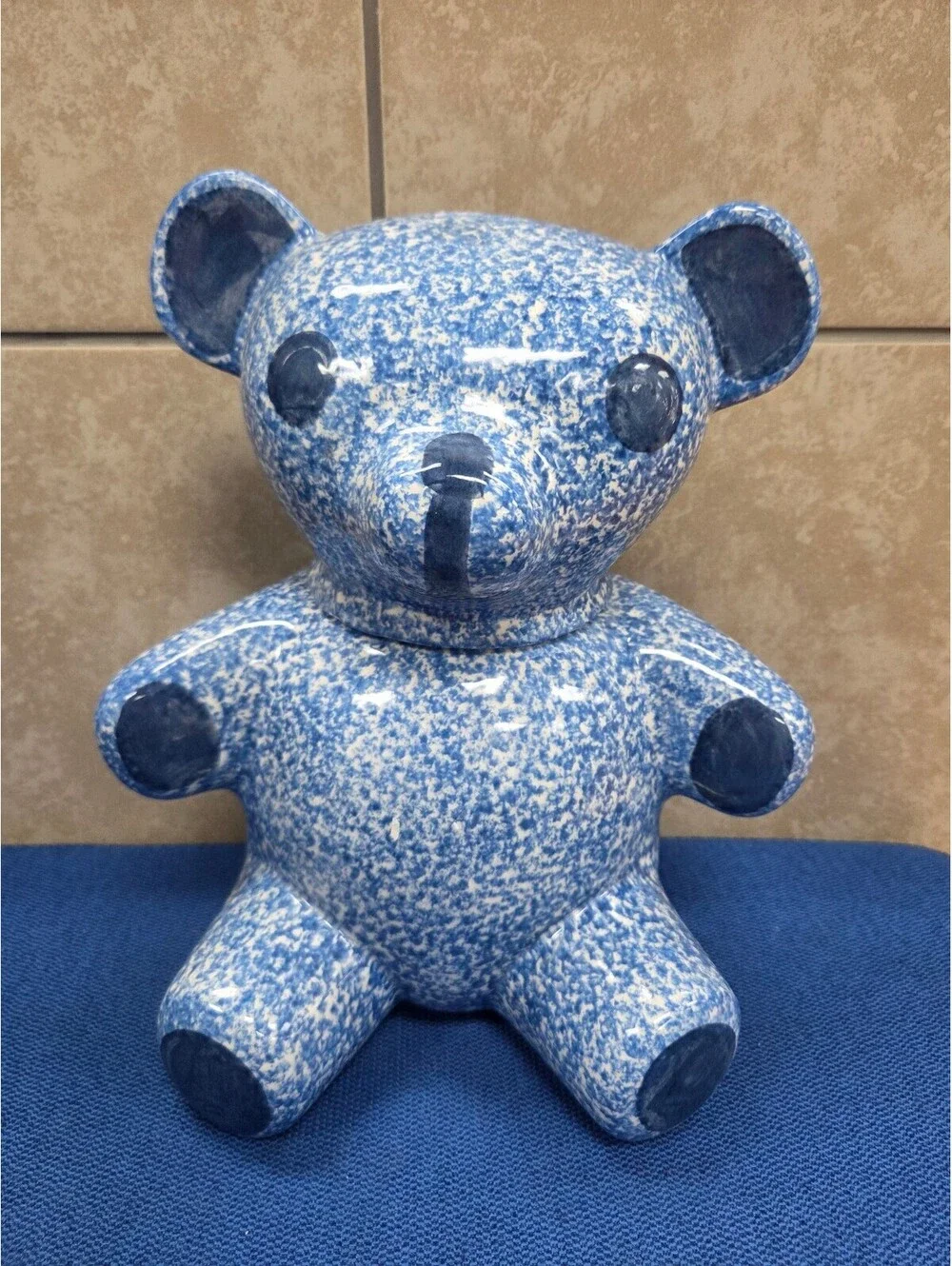 Vintage 1970s N.S. Gustin Blue Spongeware Teddy Bear Cookie Jar Hand Decorated